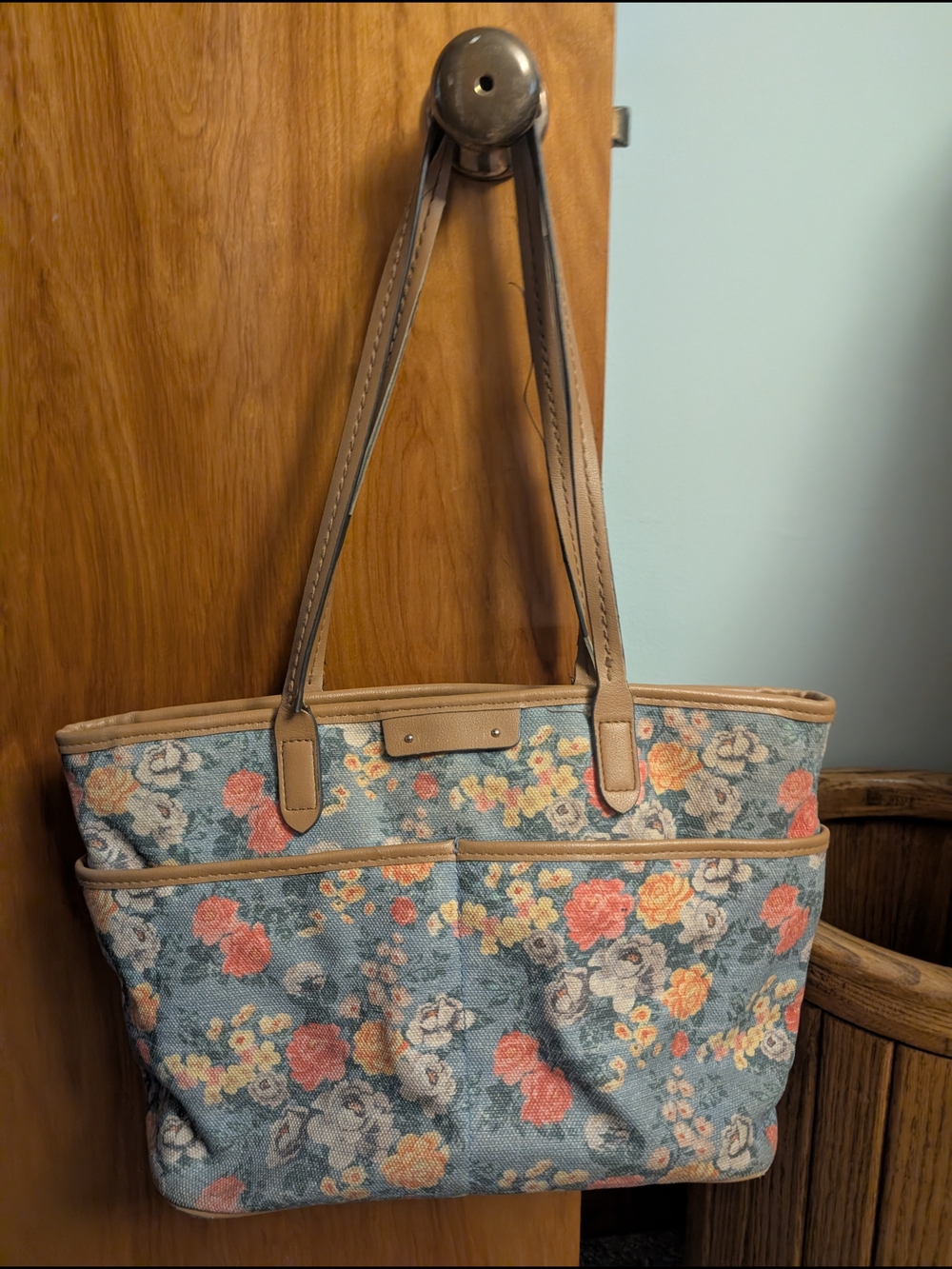 Rosetti Floral Shoulder Tote in Blue and Tan